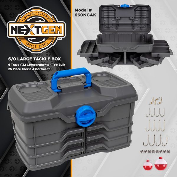 Flambeau Outdoors Next Gen 6/0 Large Fishing Tackle Box - 6 Pivot Trays, 32 Compartments, Includes 25-piece Tackle Kit, Fishing Tackle and Gear Storage, Fishing Lure Organizer, Dark Gray - Image 2
