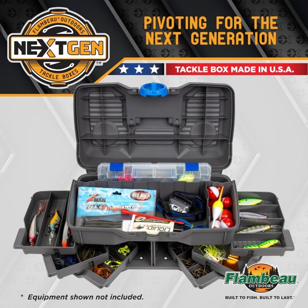 Flambeau Outdoors Next Gen 6/0 Large Fishing Tackle Box - 6 Pivot Trays, 32 Compartments, Includes 25-piece Tackle Kit, Fishing Tackle and Gear Storage, Fishing Lure Organizer, Dark Gray - Image 5