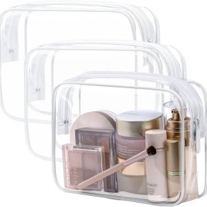 Clear Toiletry Bag, 3 Pack TSA Approved Toiletry Bag Quart Size Bag, Travel Makeup Cosmetic Bag for Women Men, Carry on Airport Airline Compliant Bag, White (for age 12 or above)