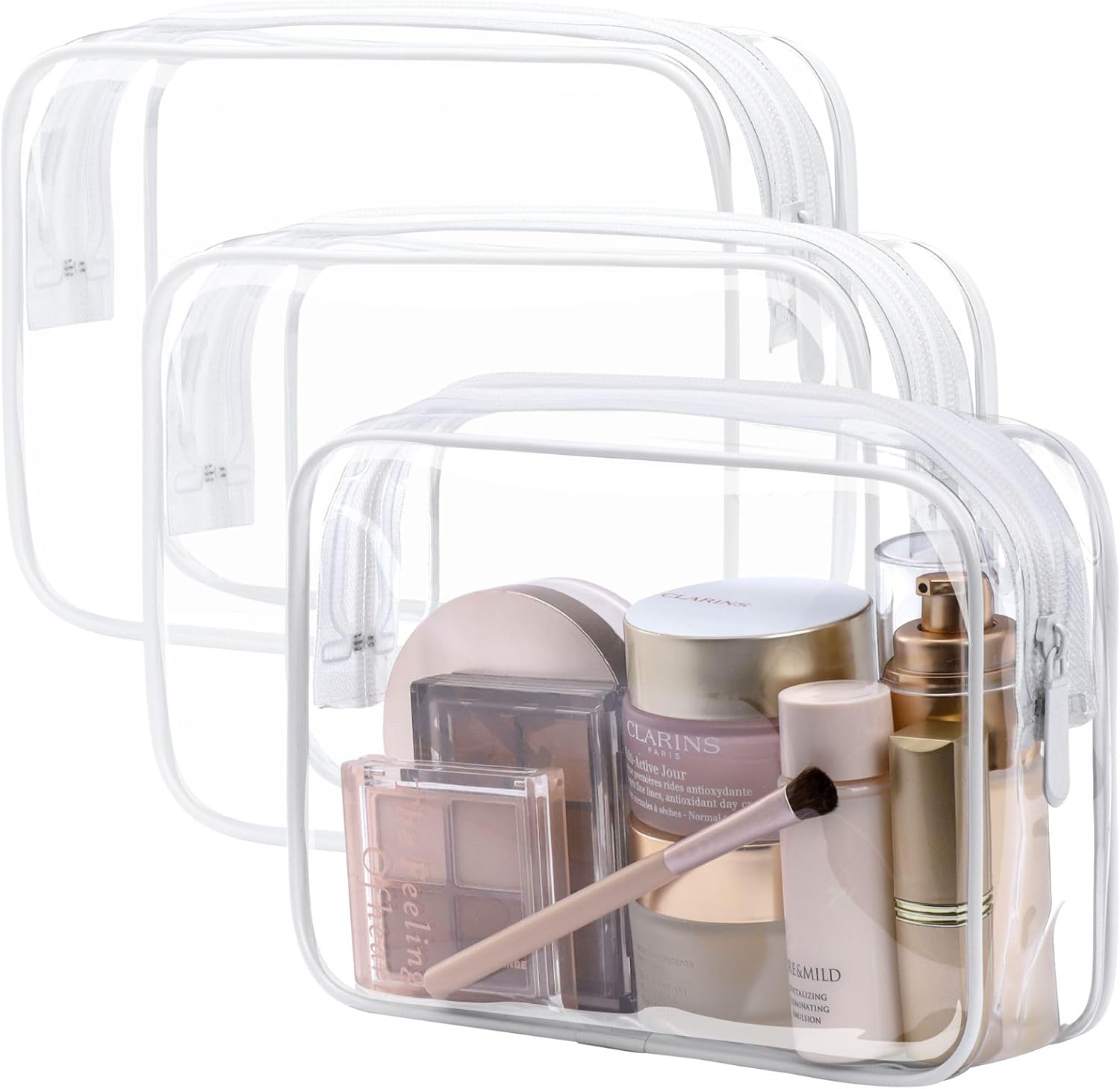 Clear Toiletry Bag, 3 Pack TSA Approved Toiletry Bag Quart Size Bag, Travel Makeup Cosmetic Bag for Women Men, Carry on Airport Airline Compliant Bag, White (for age 12 or above)